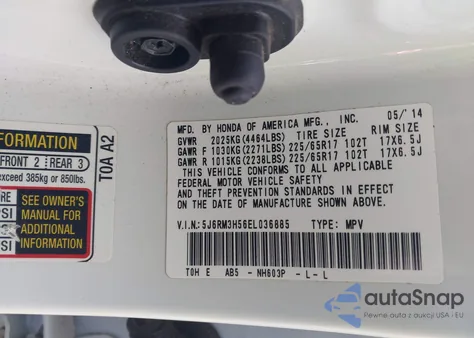 2014 Honda Cr-V Ex from USA, damaged, VIN 5J6RM3H56EL036885